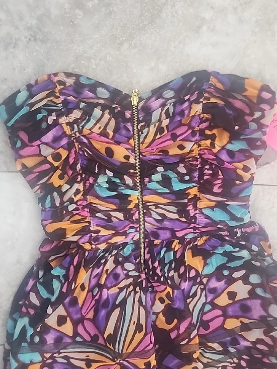 BETSEY JOHNSON NWT RUCHED BUSTIER FIT FLARE SHEER LINED PRINT DRESS SZ 10 - Picture 16 of 16